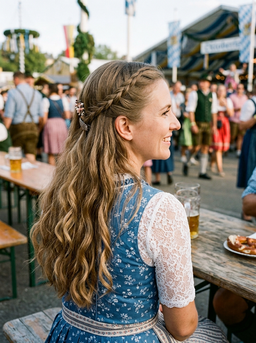 Seitliche Flechtfrisur mit offenen Haaren als Oktoberfest Frisuren Inspiration 2026